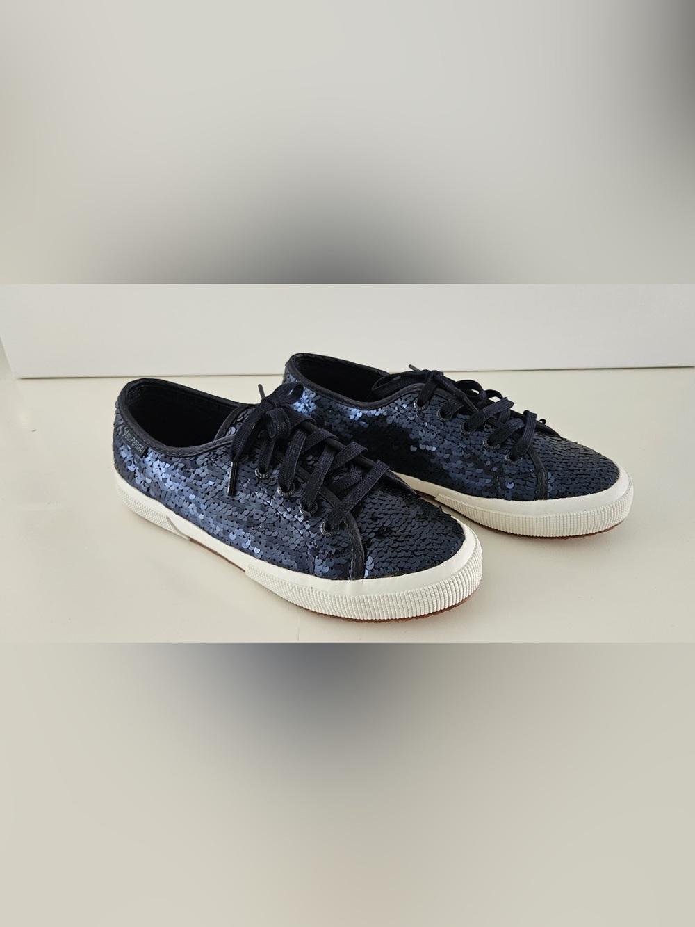 Women's Navy Sequin Lace-Up Sneakers